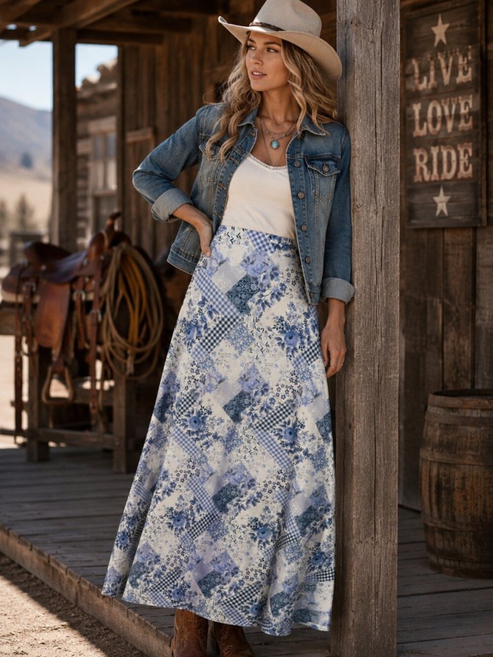 NWT Reba Patchwork Floral Maxi Skirt SZ 4 Blue Cottagecore Prairie Boho Western